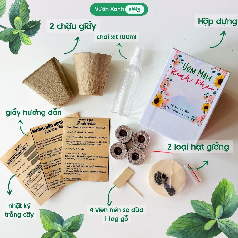 Bộ Kit Trồng Cây Gieo Hạt Ươm Mầm Hạnh Phúc - Hạt Cà Chua Bi, Hoa Hướng Dương, Gieo Hạt Dâu Tây