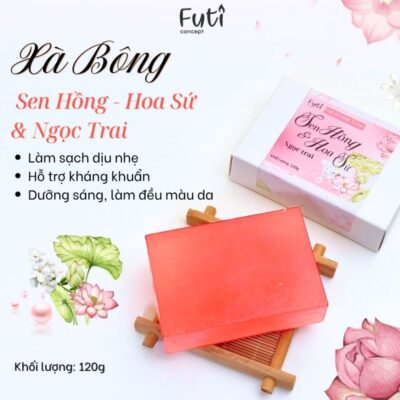 Xà Bông Handmade, Xà Bông Sen Hồng, Hoa Sứ & Ngọc Trai 120gr, Làm Sạch Dịu Nhẹ, Dưỡng Da Sáng Mịn, Thơm Mát Tự Nhiên